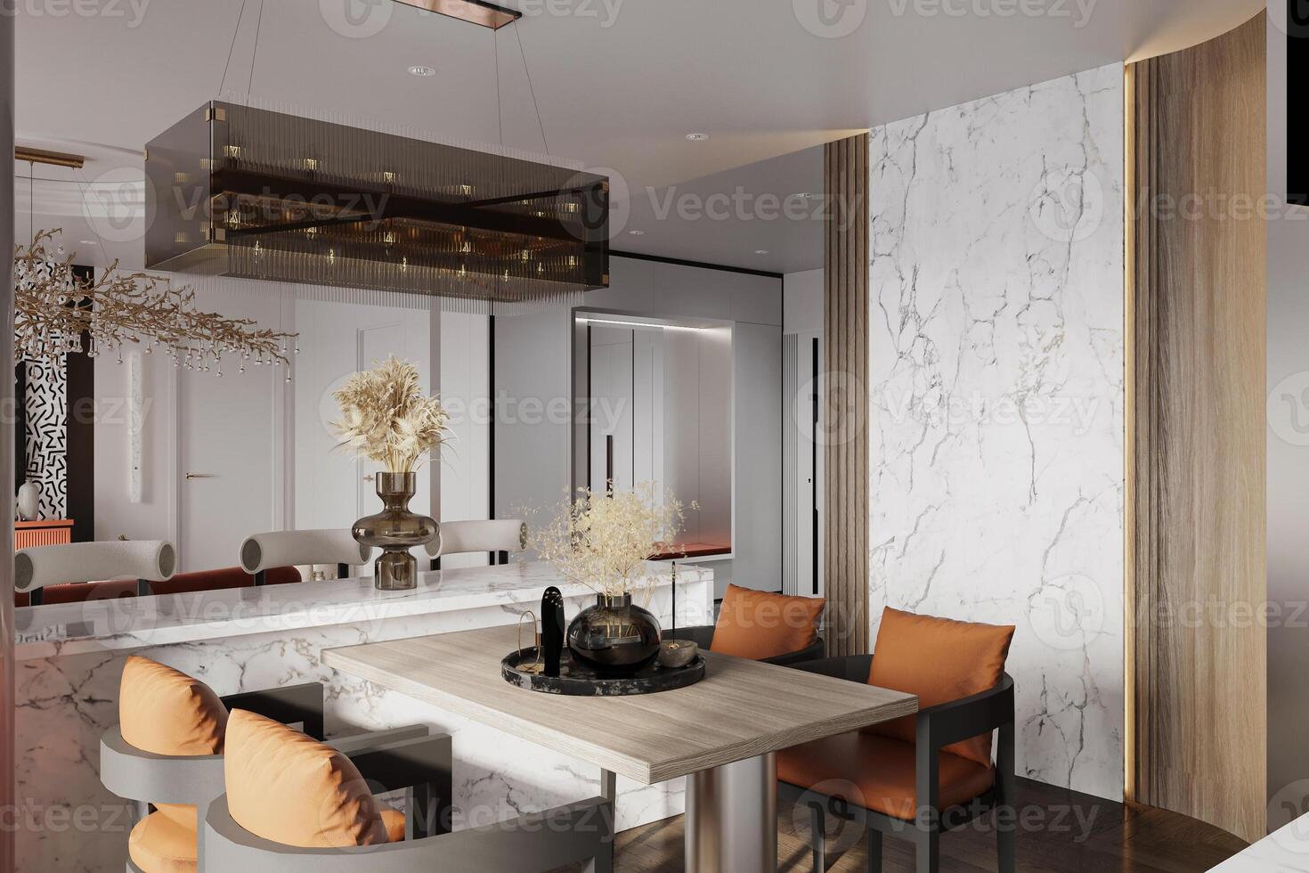 3D rendering spacious dining room design next to the modern