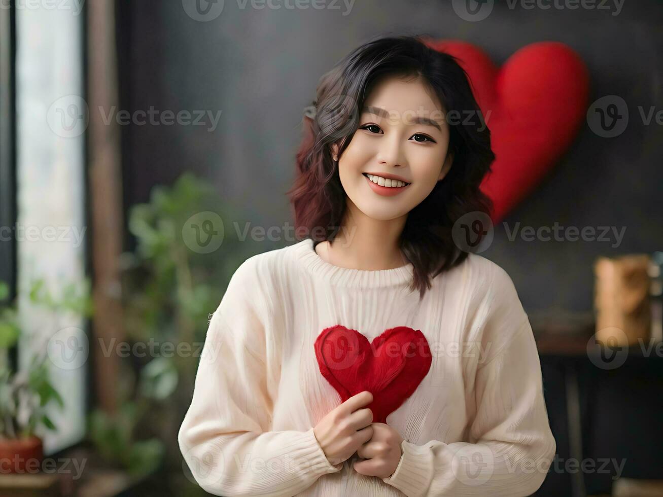 Cheerful Woman in Red Heart Sweater Asian Model photo