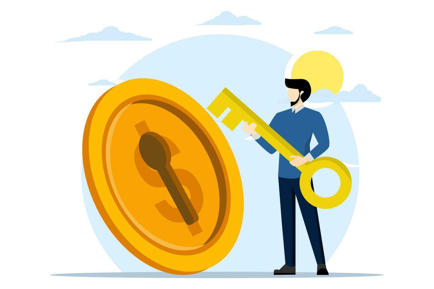 Key concepts for financial success. smart businessman investor holding big golden key to open coin keyhole, unlock secret reward for investment opportunities, wealth solutions to make money and profit vector