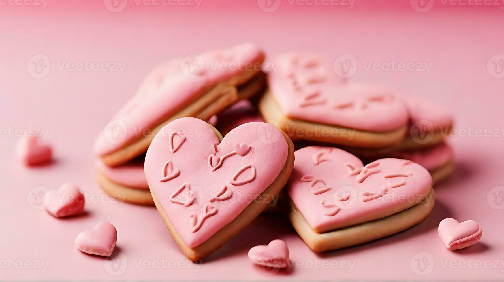 AI generated Close-Up Heart Shaped Cookies Pink Background photo