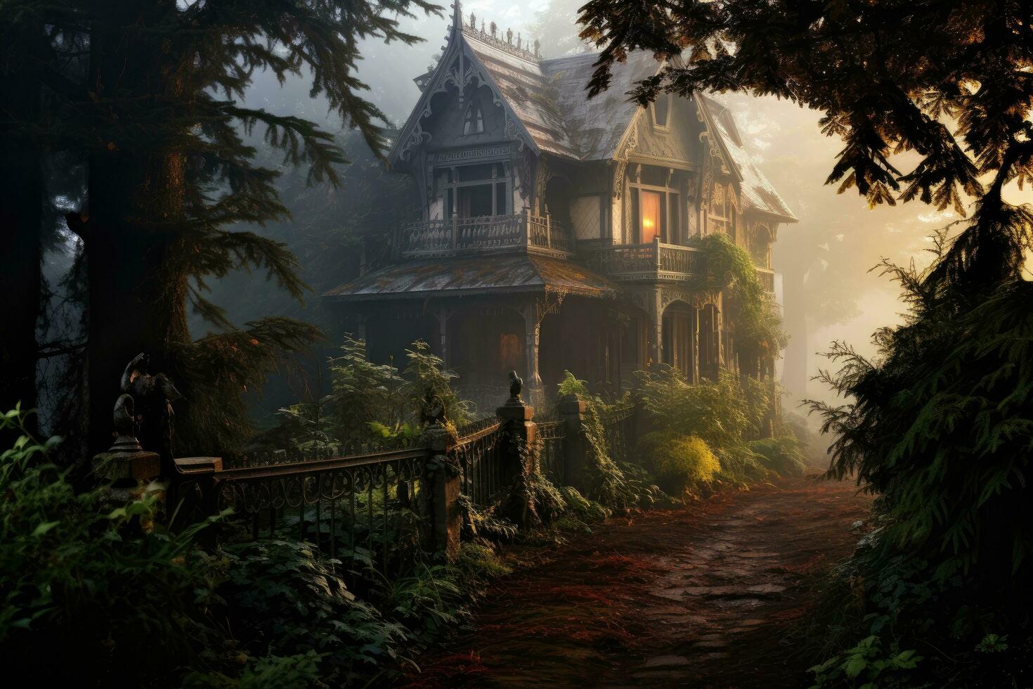 AI generated Mysterious and mysterious old house in the misty forest, An old victorian house on a misty morning, AI Generated photo