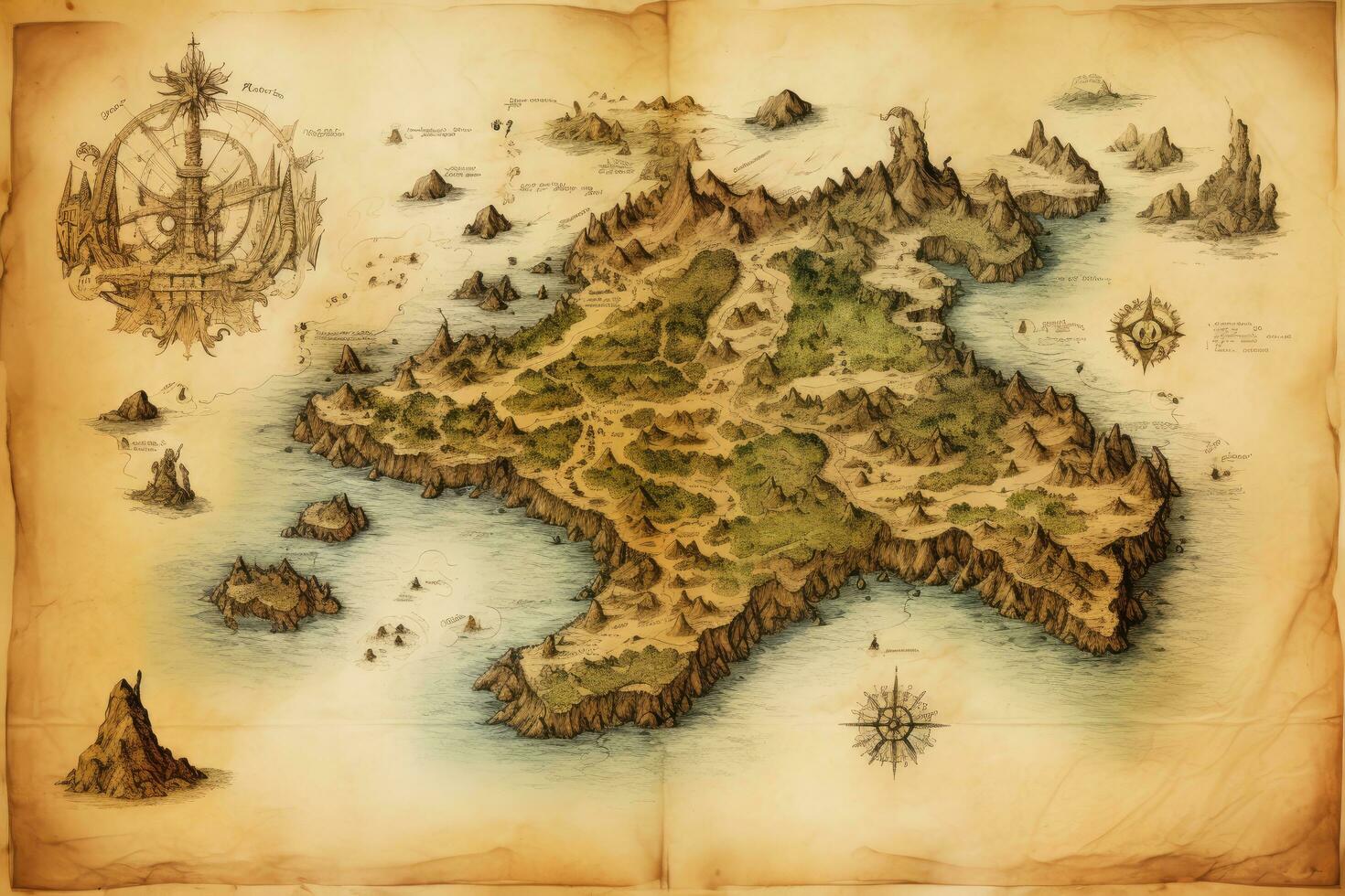 ai generado antiguo mapa con un ancla en el antecedentes de el mar y montañas, un antiguo tesoro mapa líder a un misterioso isla, ai generado foto