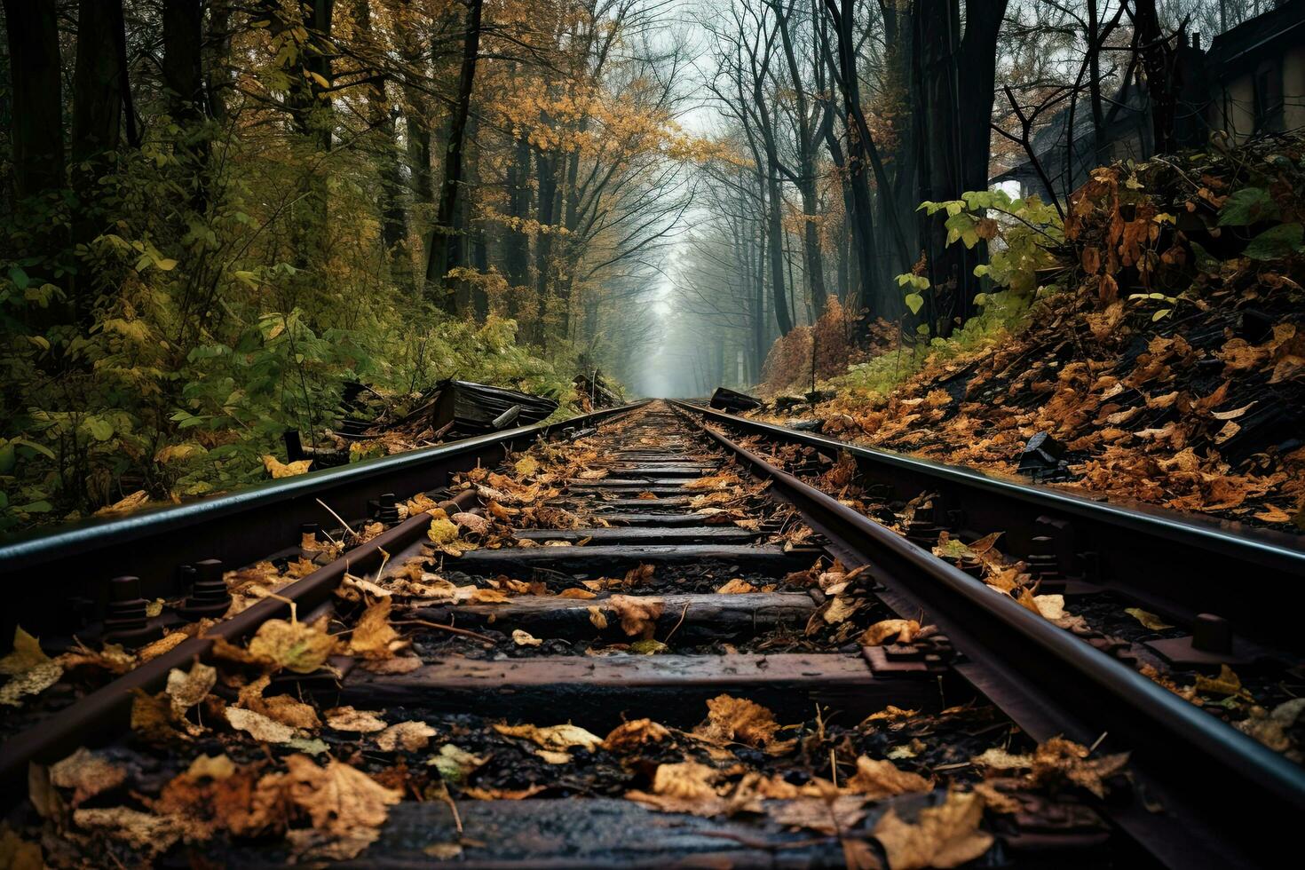AI generated Railway in the autumn forest. Beautiful autumn landscape. Selective focus, AI Generated photo