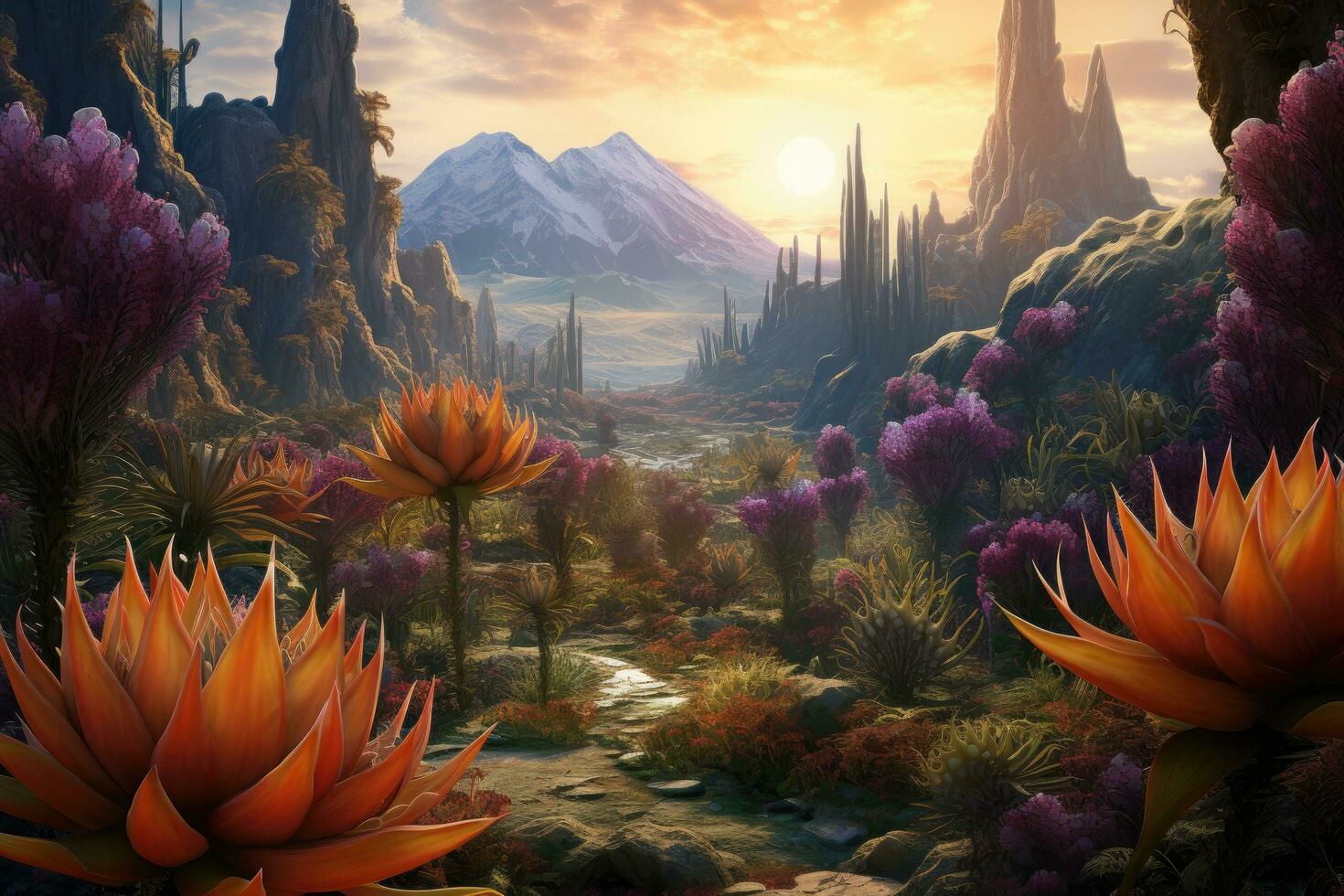 AI generated Fantasy alien planet. Mountain and flowers. 3D illustration, An exotic alien landscape full of vibrant, otherworldly plants, AI Generated photo