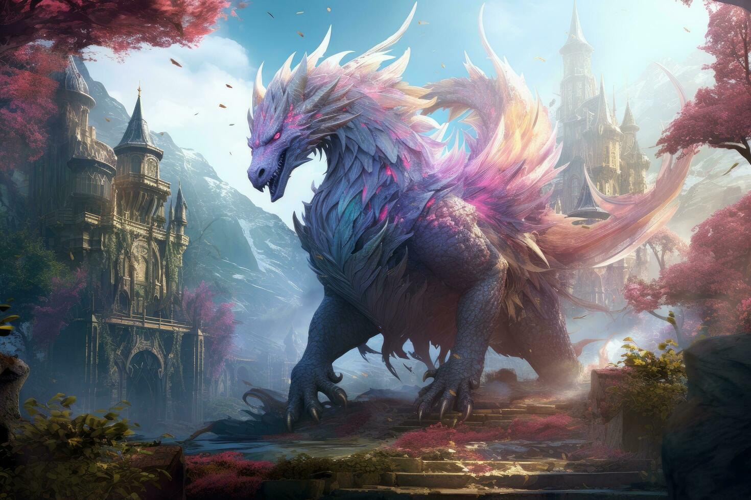 AI generated Fantasy landscape with fantasy dragon and castle. 3D illustration, A fantasy realm alive with mythical creatures, AI Generated photo