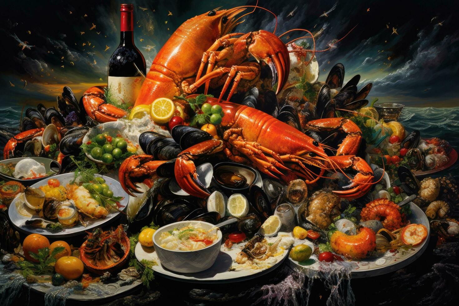 AI generated Lobster, shrimps, mussels and shrimps on wooden background, A feast of seafood including crabs, mussels and shrimp, AI Generated photo