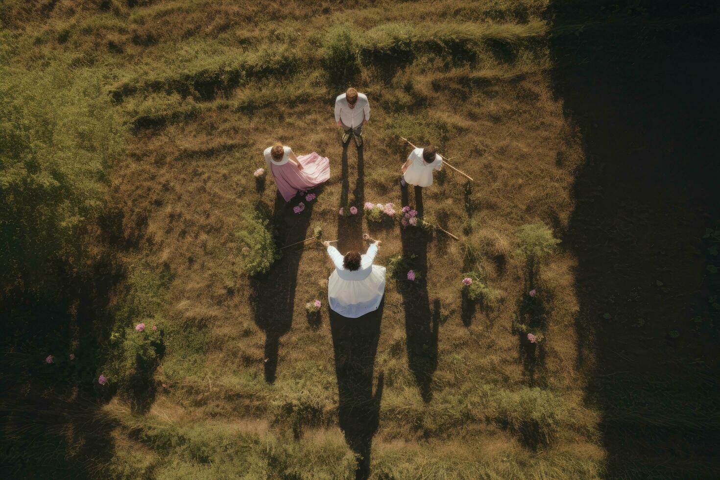 ai generado aéreo ver de un grupo de personas caminando en el campo, ai generado foto