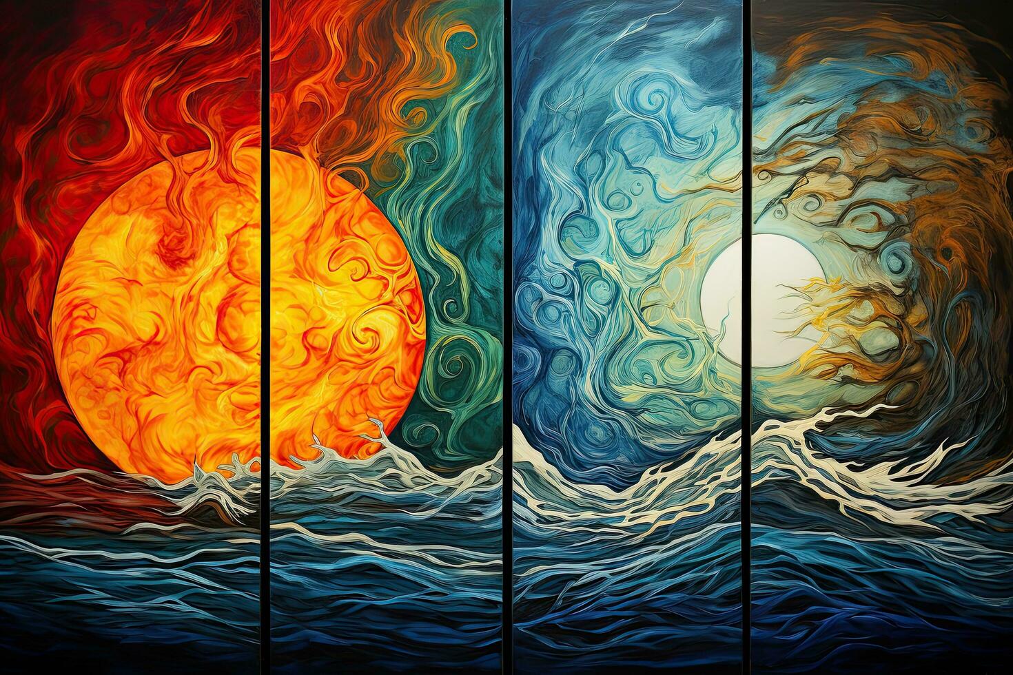 AI generated Sunset in the sea. Collage of four images, An Abstract Representation Of The Four Elements, AI Generated photo