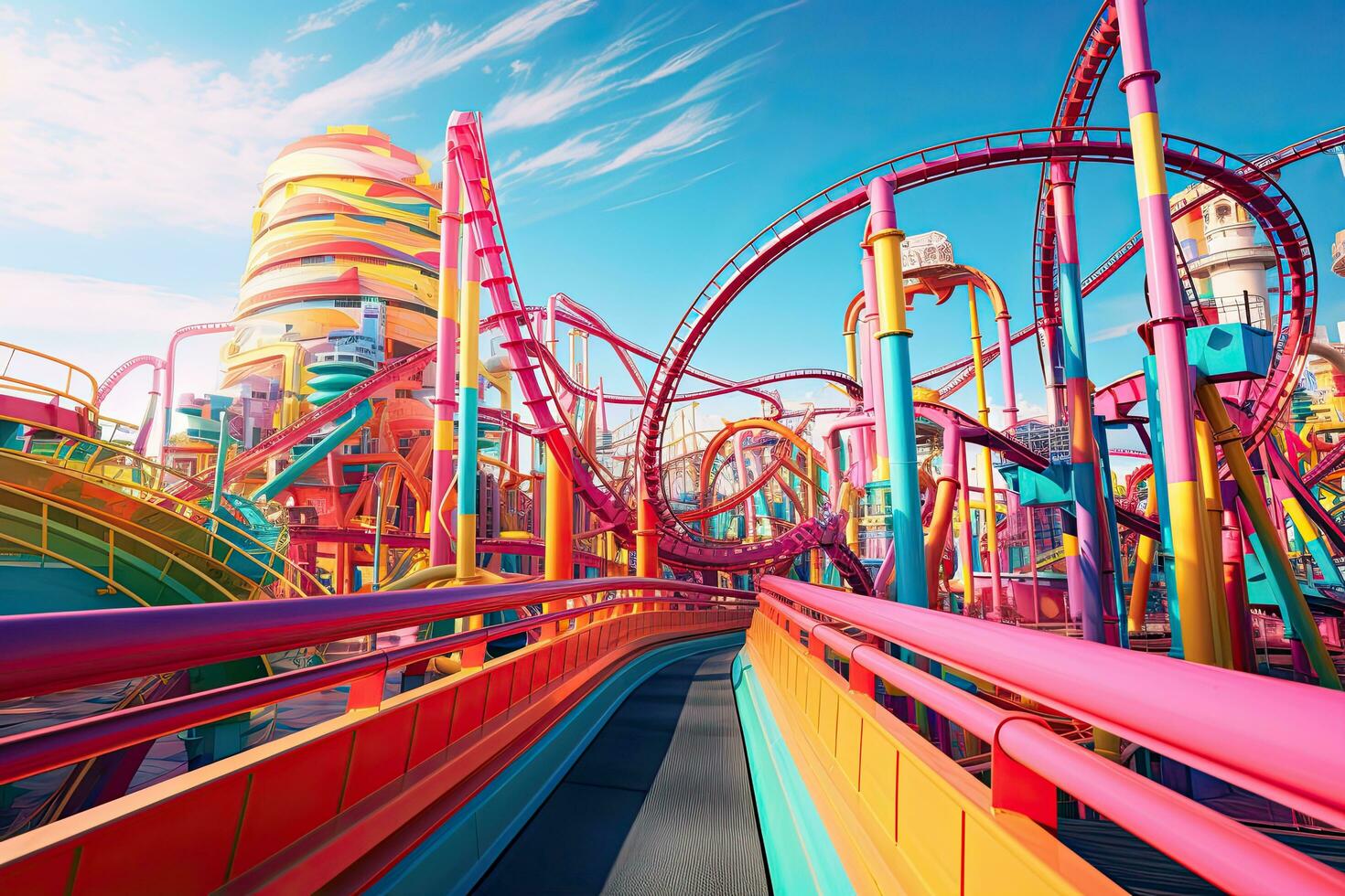 AI generated Amusement park with colorful roller coaster and blue sky at sunset, AI Generated photo