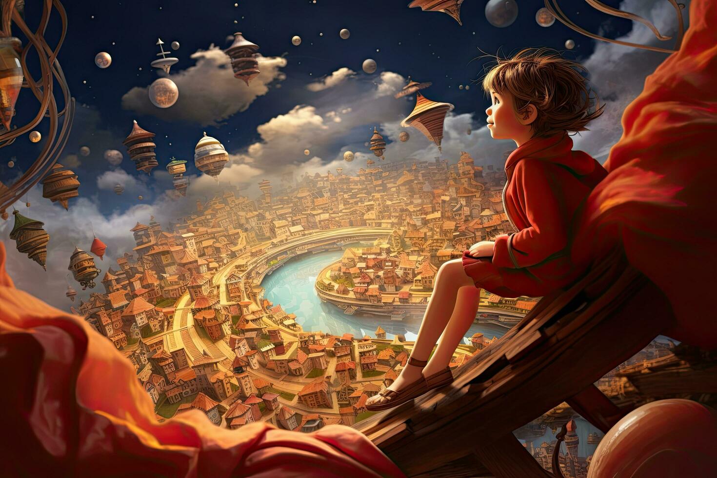 AI generated Fantasy scene with a boy sitting on a swing. 3d rendering, AI Generated photo