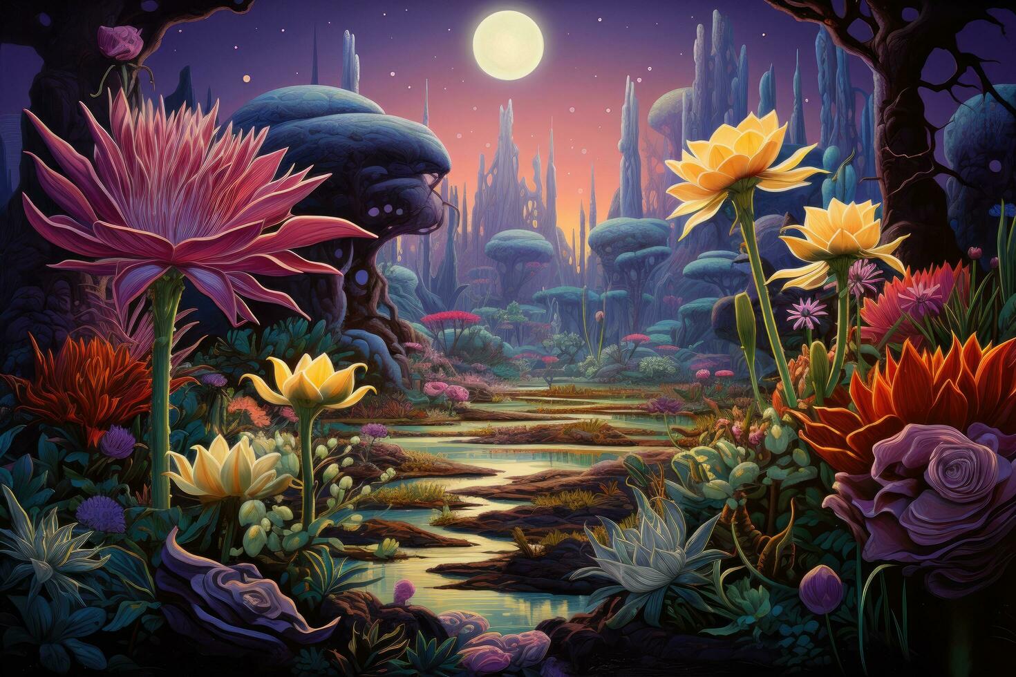 AI generated Fantasy alien planet. Mountain and flowers. 3D illustration, An exotic alien landscape full of vibrant, otherworldly plants, AI Generated photo
