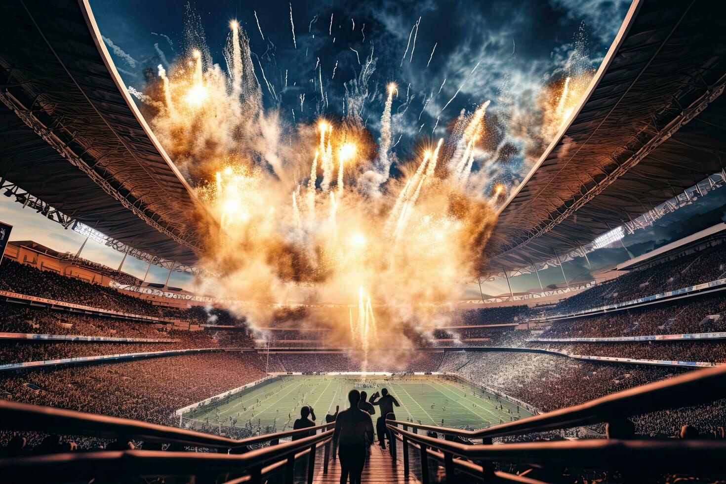 AI generated Stadium lights and fireworks at night. Mixed media. Mixed media, AI Generated photo