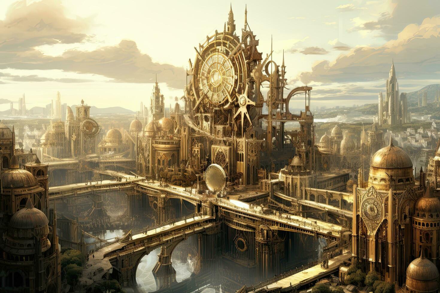 AI generated Fantasy city at sunset. 3D illustration. Panorama, AI Generated photo