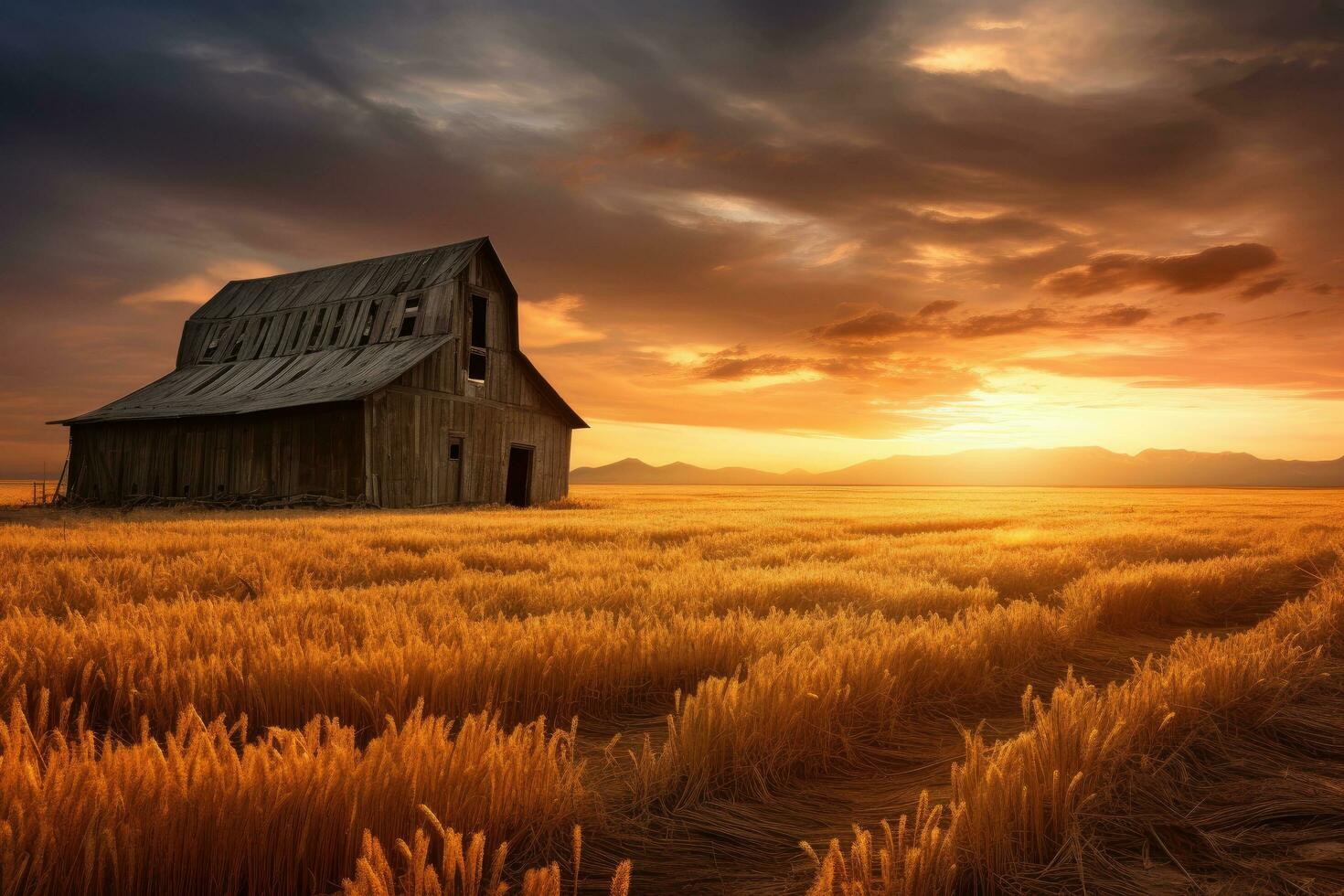 ai generado abandonado granero y trigo campo a atardecer, 3d prestar, un antiguo rústico granero en trigo campo debajo ajuste sol, ai generado foto