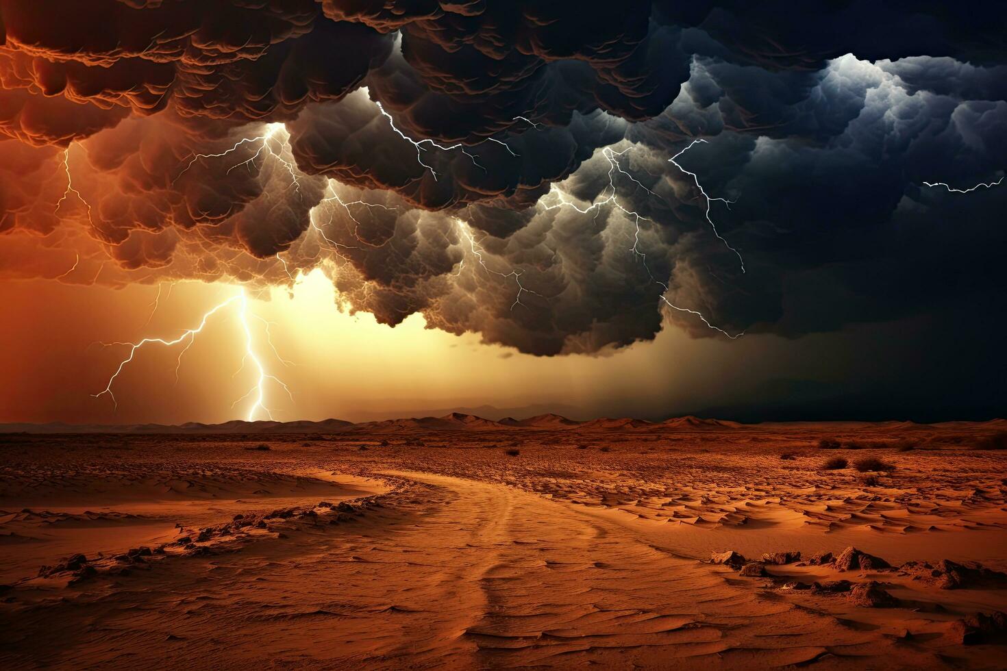 ai generado tormenta en el desierto. 3d hacer de un Tormentoso cielo, ai generado foto