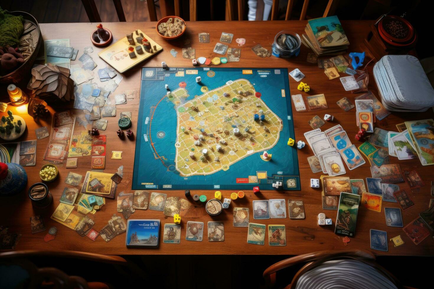 ai generado parte superior ver de el mesa con un lote de juego, un familia juego noche con tablero juegos untado afuera, ai generado foto