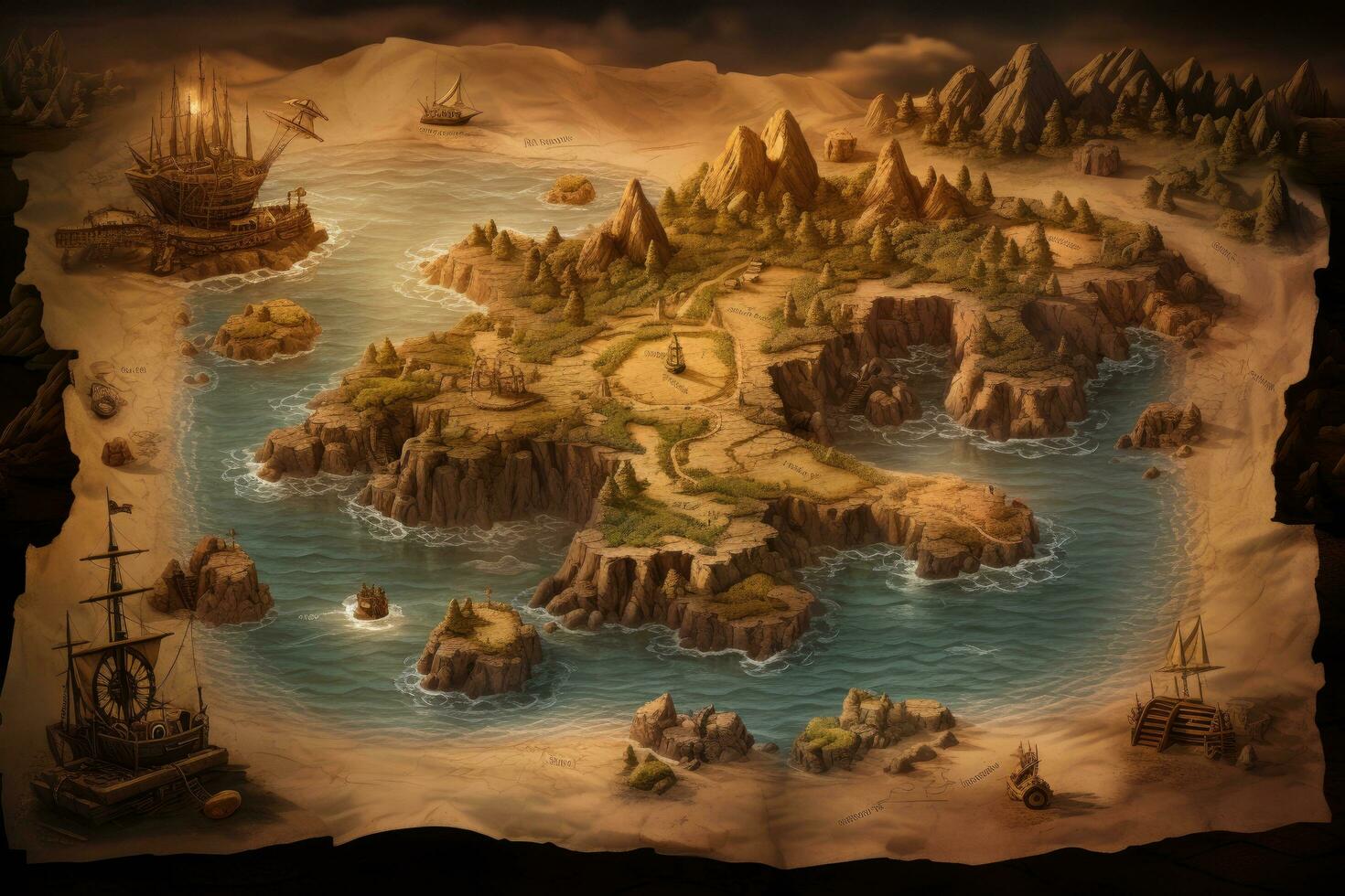 ai generado fantasía mapa de el isla en el océano. 3d representación, un antiguo tesoro mapa líder a un misterioso isla, ai generado foto