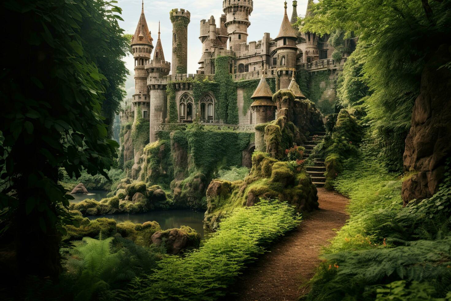 ai generado fantasía fantasía castillo en el bosque. cuento de hadas castillo en el bosque, ai generado foto