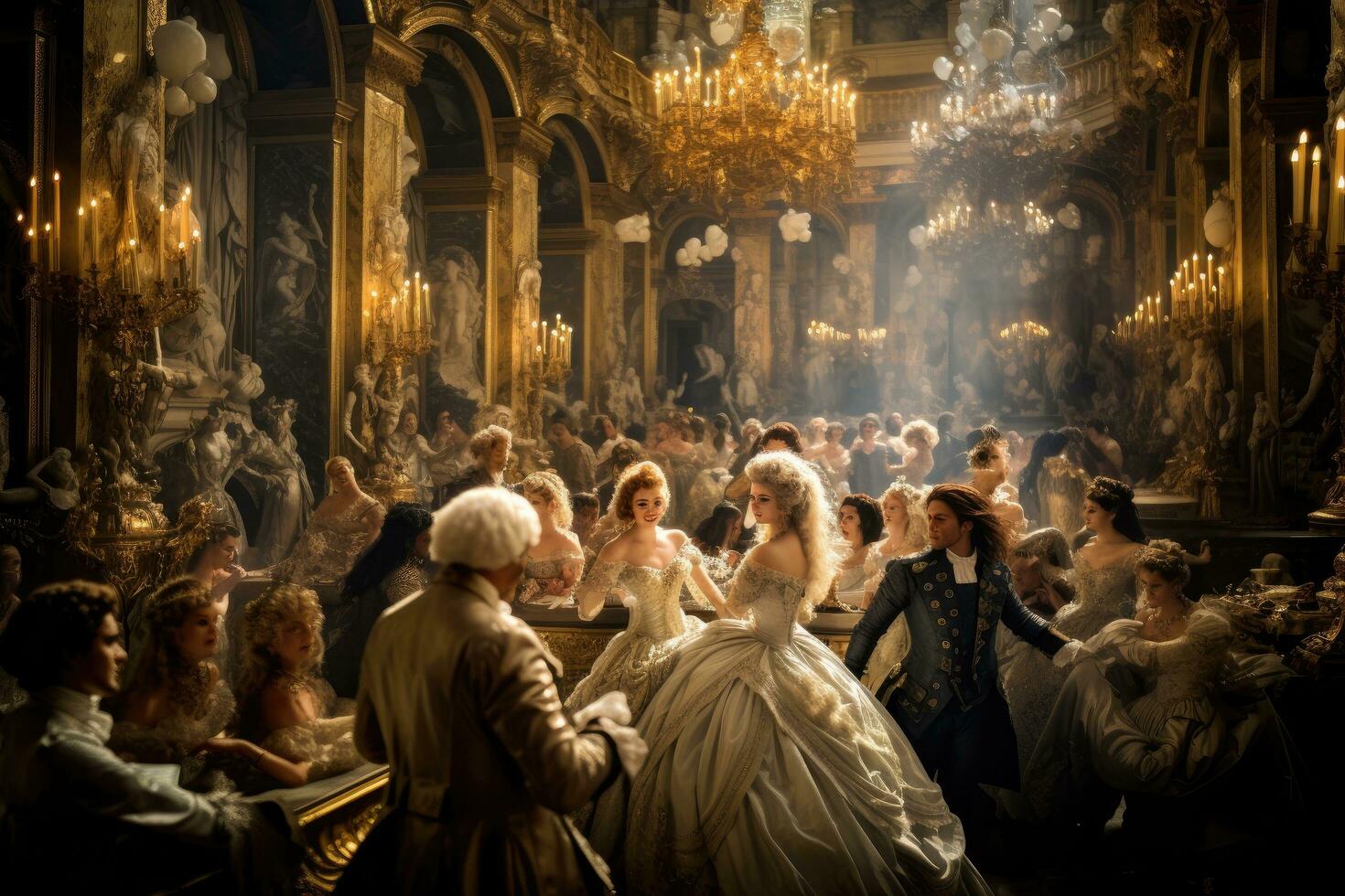 AI generated Wedding couple in the interior of the Church of St. Nicholas, An opulent masquerade ball in a rococo hall, AI Generated photo