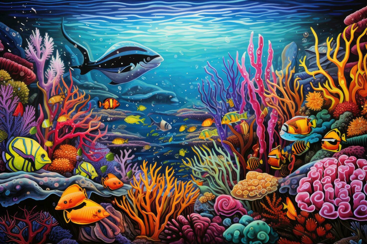 AI generated Underwater scene with fishes and coral reef - illustration for children, An underwater scene teeming with vibrant sea creatures, AI Generated photo