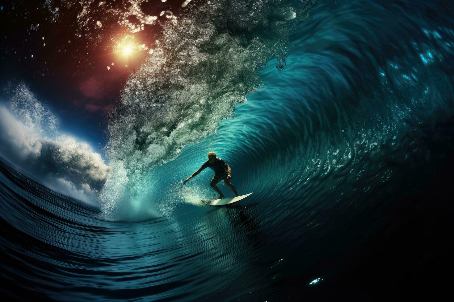 AI generated Surfer on the ocean wave at sunset. 3D Rendering, An underwater perspective of a surfer riding a wave, AI Generated photo