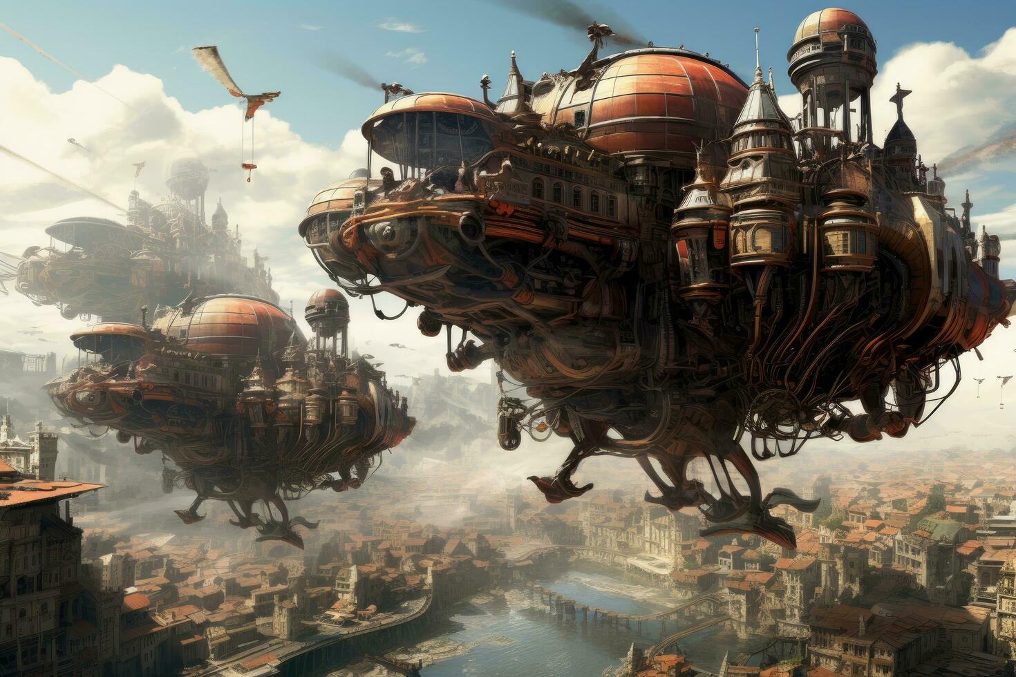 AI generated Fantasy alien planet. 3D illustration. Elements of this image furnished by NASA, An intriguing steampunk world with airships cruising amidst high-rises, AI Generated photo