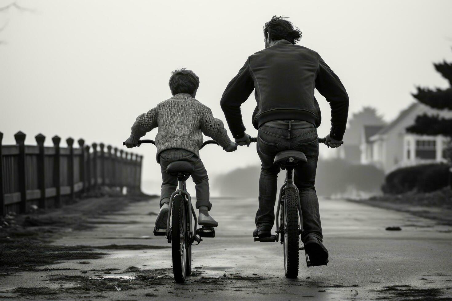 AI generated Back view of father and son walking with bicycle in forest at sunset, A father teaching his son to ride a bike for the first time, AI Generated photo