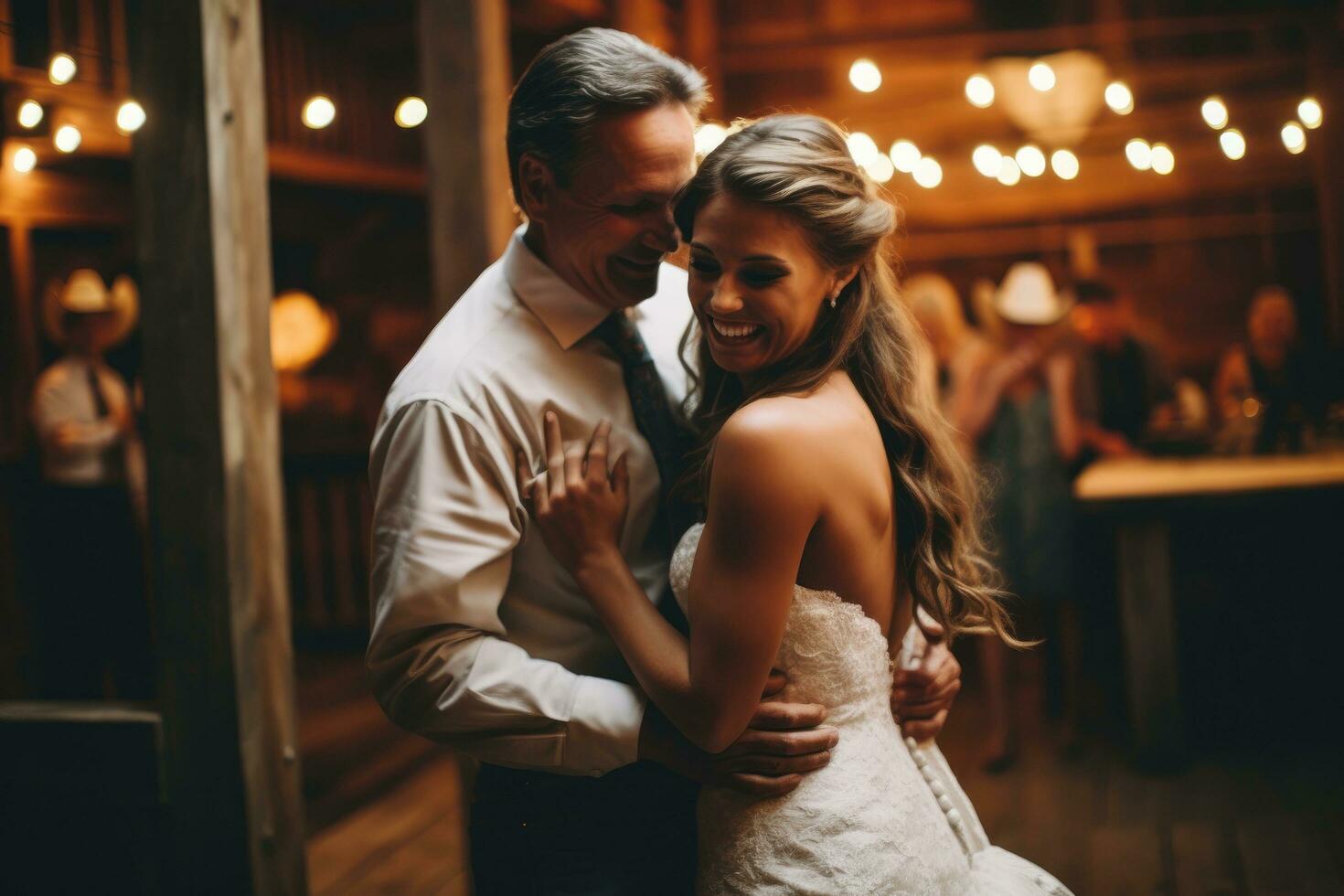 AI generated Wedding couple embracing each other in the old wooden house, A father-daughter dance at a barn wedding, AI Generated photo