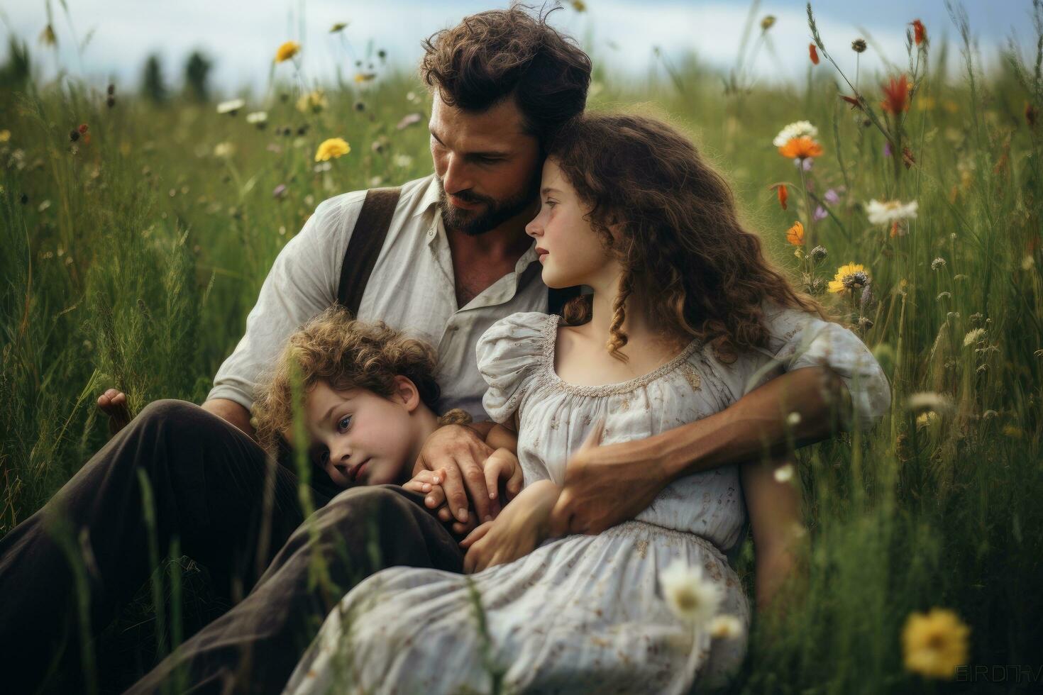 AI generated Happy family in the meadow. Mother, father and son sitting on the grass, A family portrait in a lush summer field, AI Generated photo