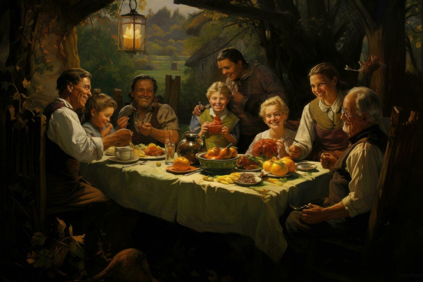 AI generated Restaurant table with people sitting around the fire and eating, A family reunion with a feast games and laughter, AI Generated photo