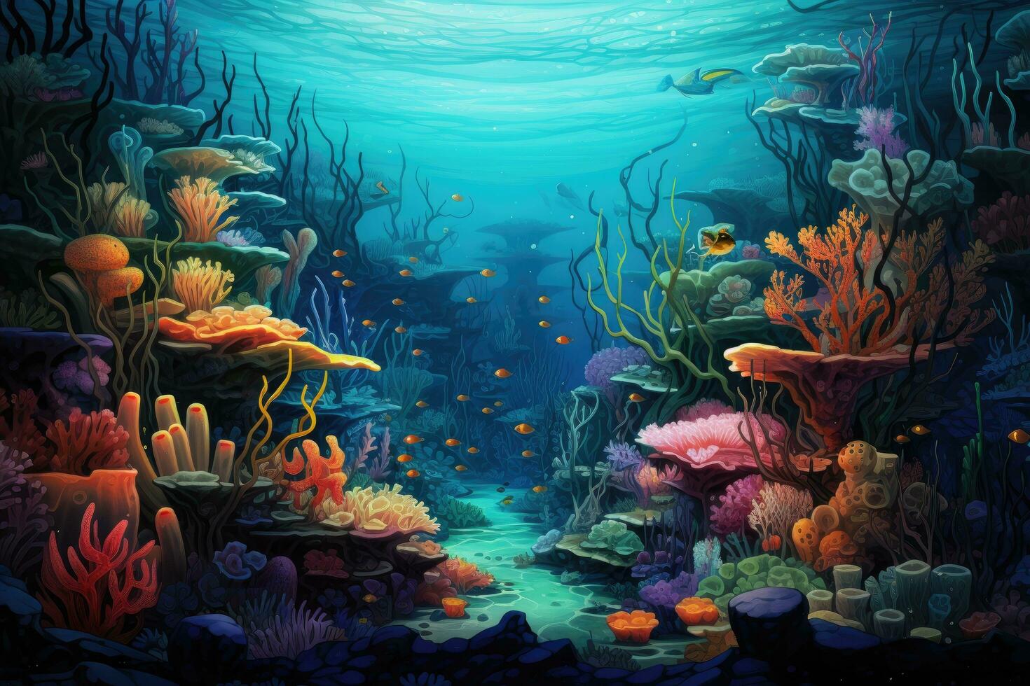 AI generated Underwater world with corals and tropical fish. 3D rendering, An underwater scene showcasing a myriad of sea creatures, AI Generated photo