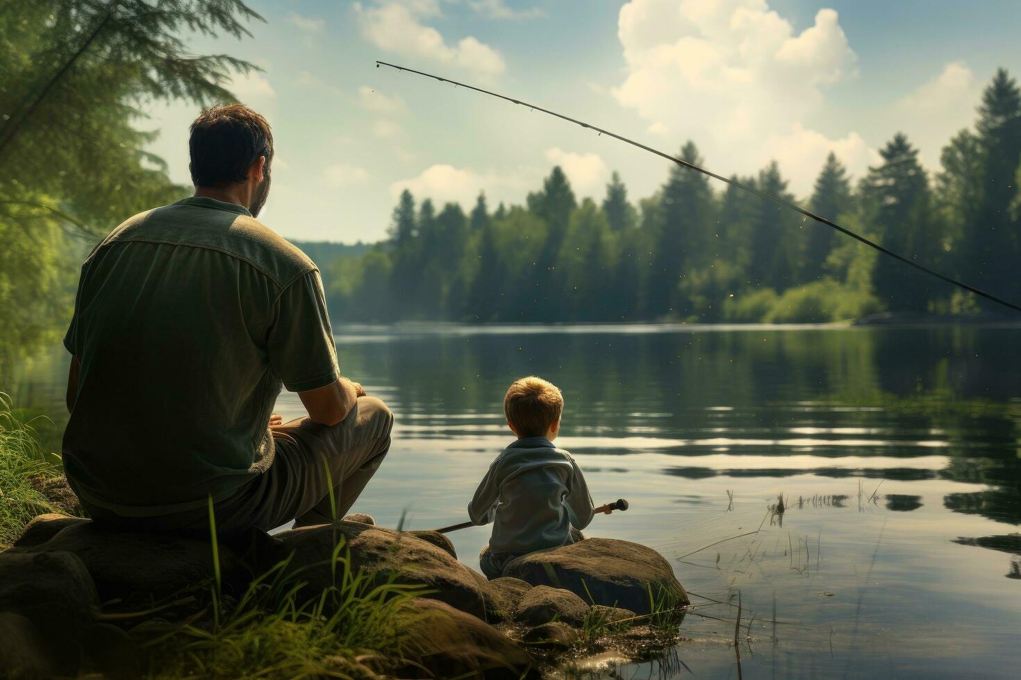 AI generated Father and son fishing on the lake in the summer. The concept of a happy family, A family fishing trip at a quiet lakeside, AI Generated photo