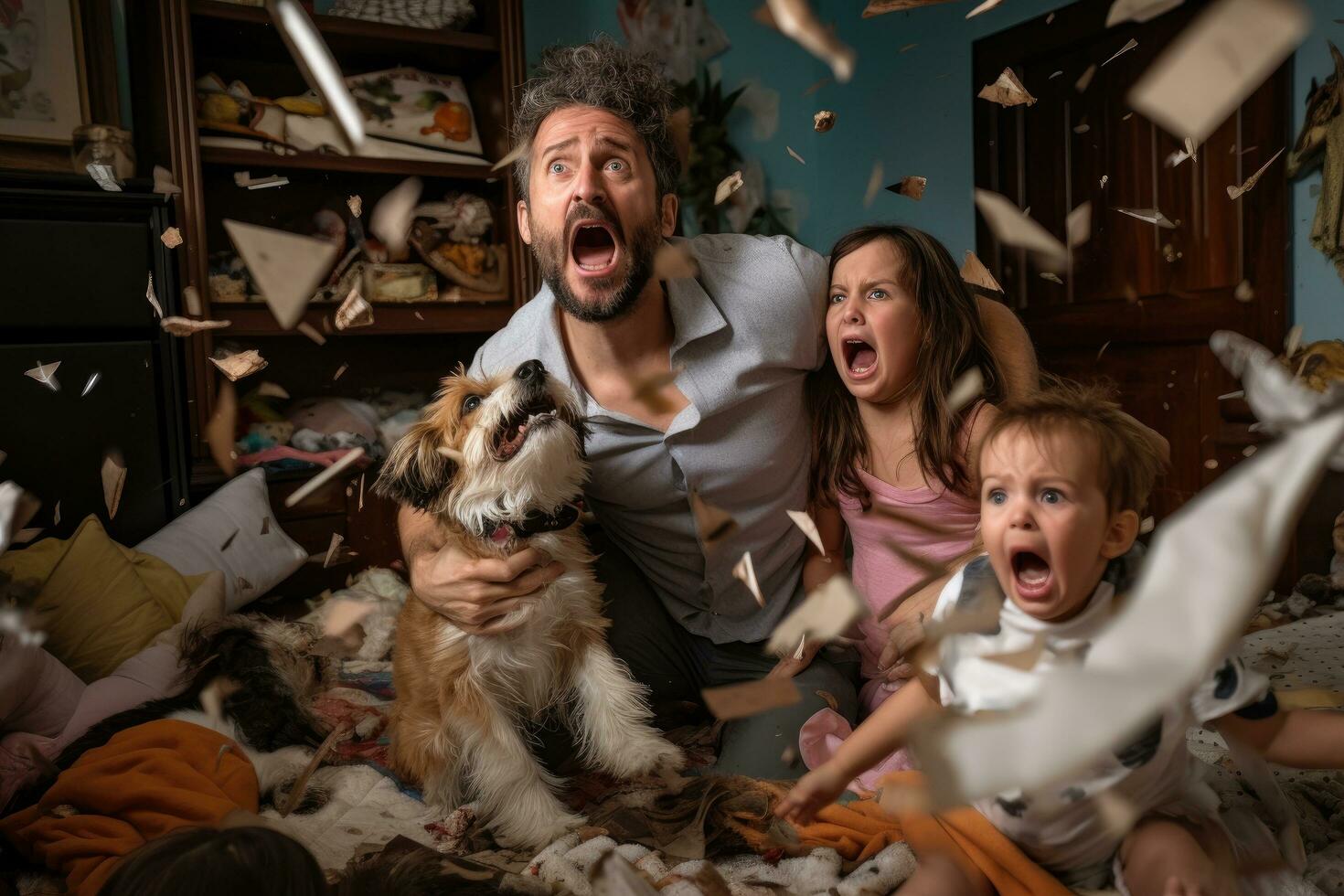 AI generated Happy family playing with their dog in the living room at home, A family experiencing the joy and chaos of a new puppy, AI Generated photo