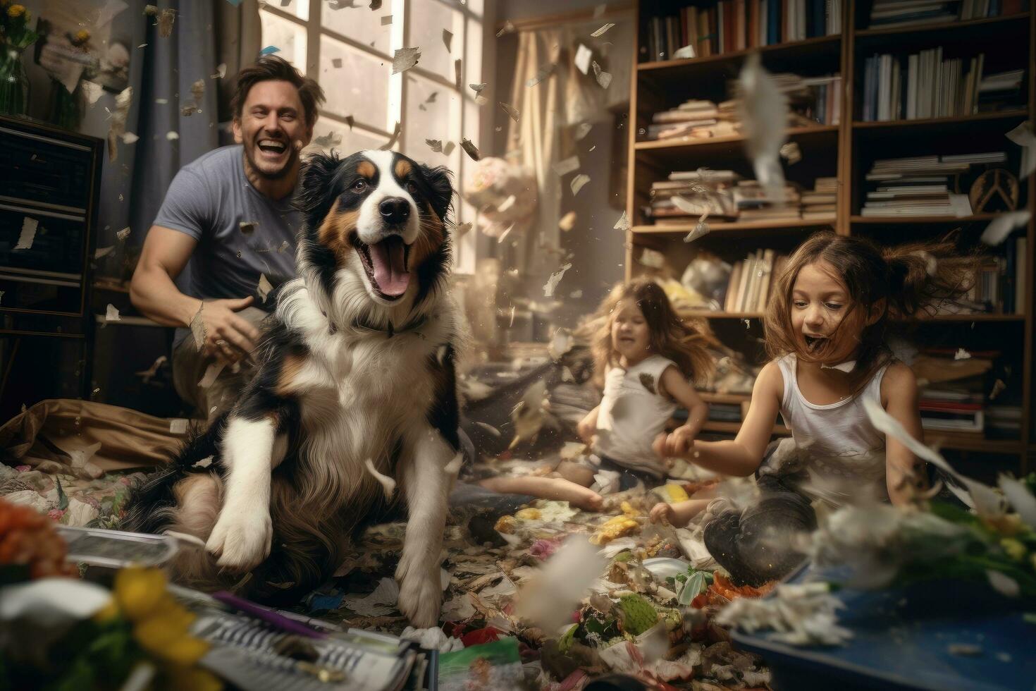 ai generado contento familia jugando con perro a hogar. padre y hija jugando con documentos, un familia experimentando el alegría y caos de un nuevo cachorro, ai generado foto