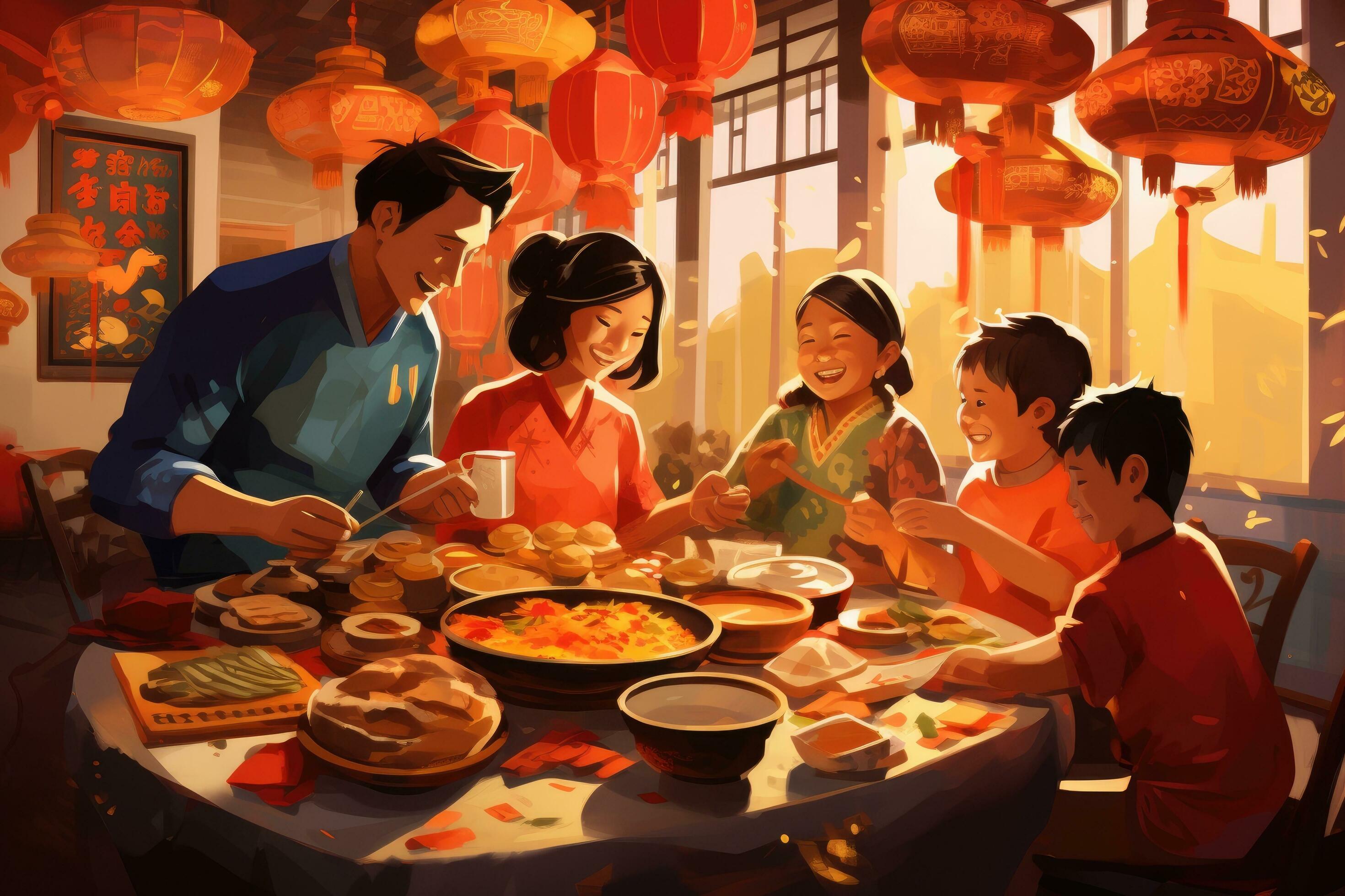 AI generated Chinese family dining in a traditional Chinese restaurant