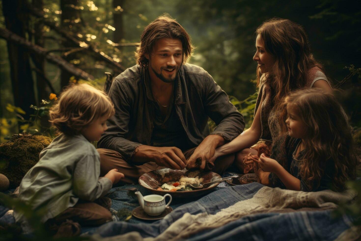 AI generated Father and his daughter having picnic in a forest. Focus on the boy, A family having an organic picnic in a forest, AI Generated photo