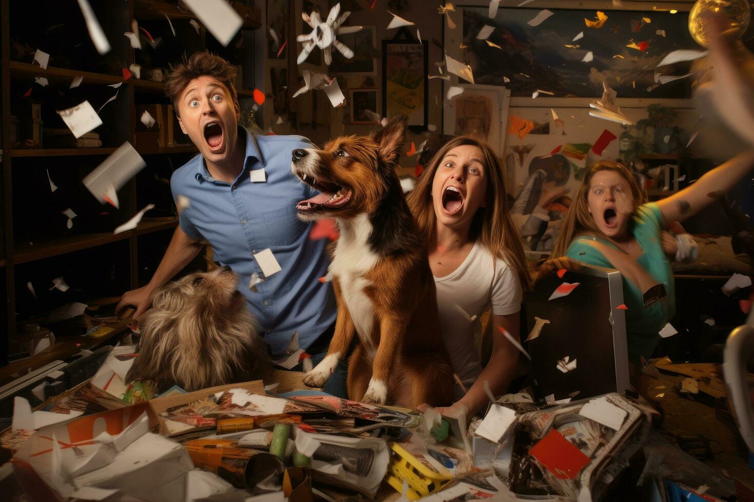 AI generated Happy Family Having Fun Playing With Their Dog In The Messy Room, A family experiencing the joy and chaos of a new puppy, AI Generated photo