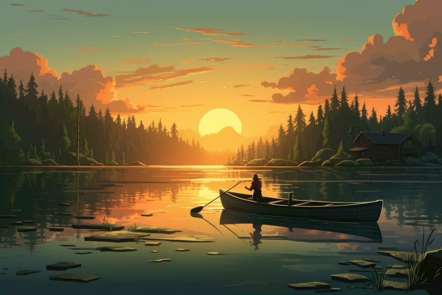 AI generated man and woman in boat on the lake in the mountains at sunset, A family fishing trip at a quiet lakeside, AI Generated photo