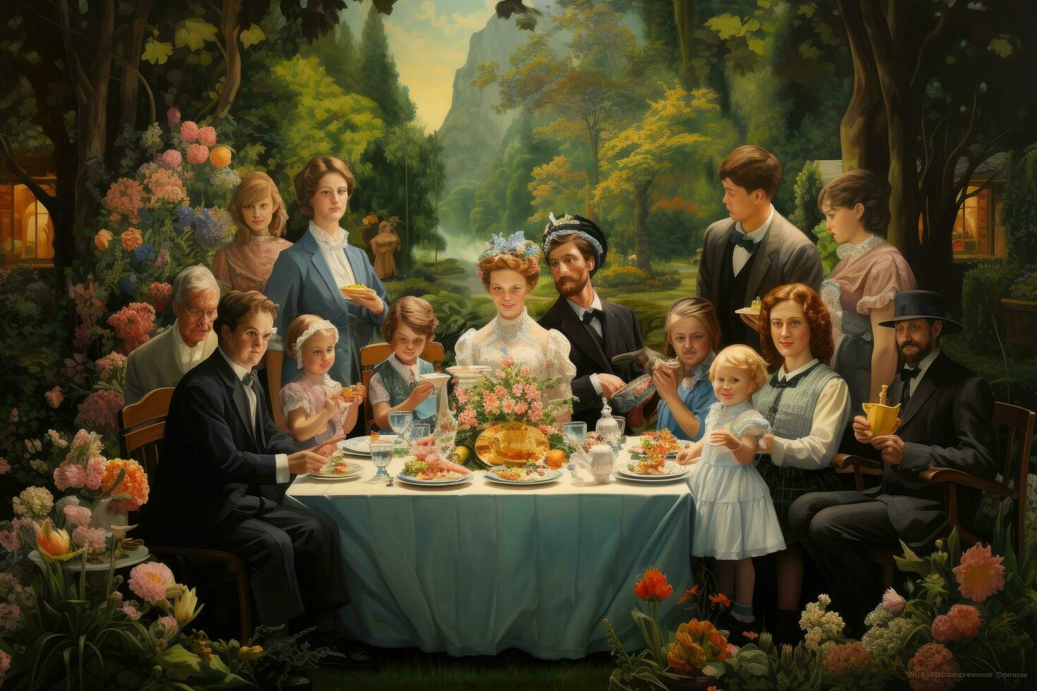 AI generated Easter dinner in the garden with the family and their children, An illustration of a family gathering around a fireplace, AI Generated photo