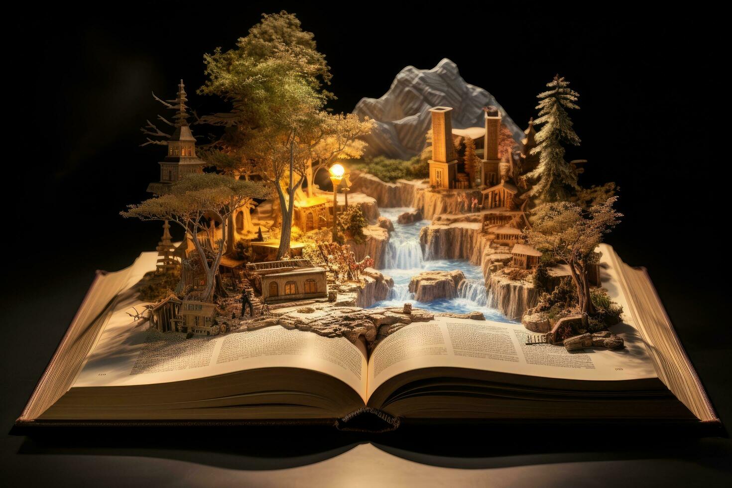 AI generated Open book with fairy tale forest on the background. Fantasy world, An open book with a story coming alive from its pages, AI Generated photo