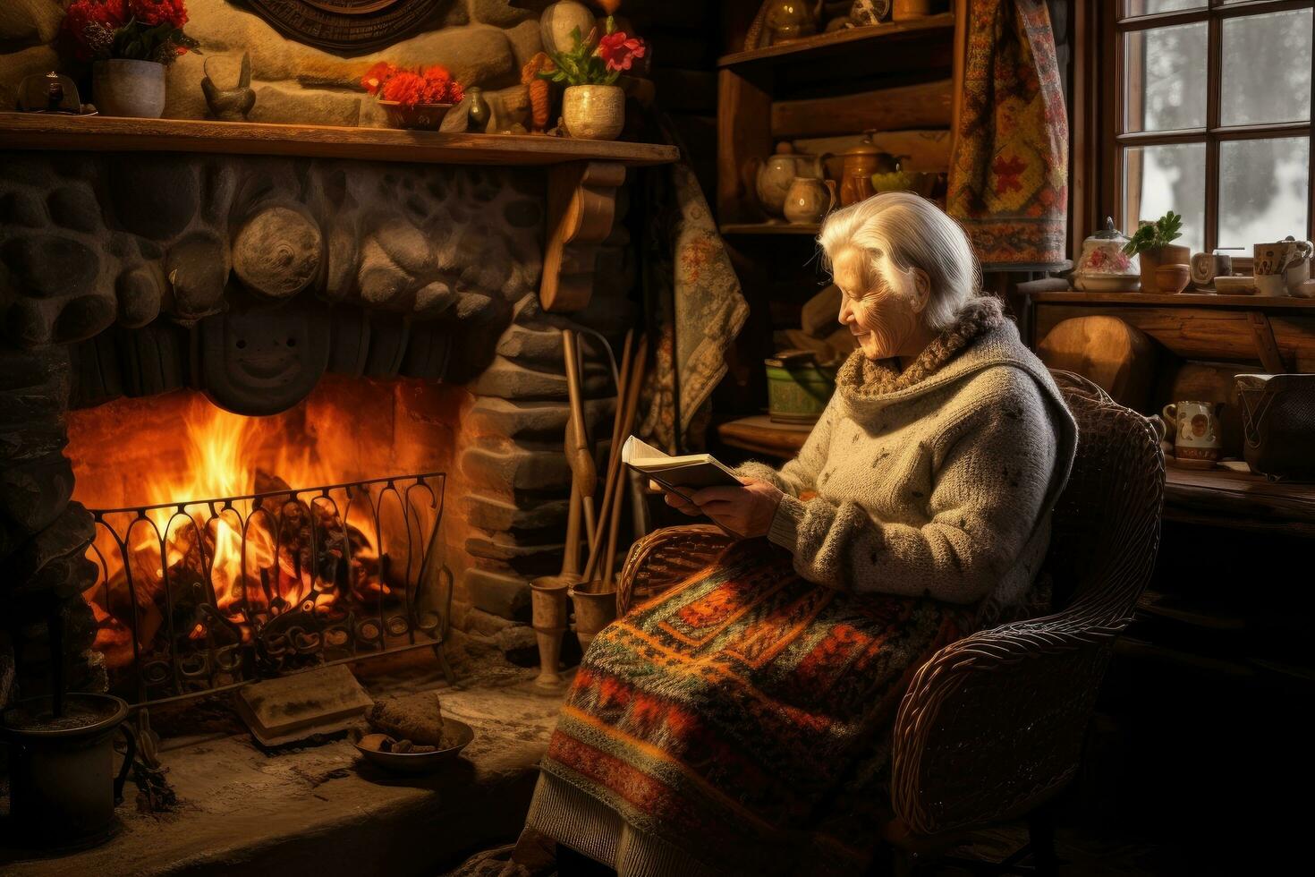 AI generated Elderly woman with her grandchildren sitting by the fireplace at home, An older woman knitting by the fireplace inside a cozy log cabin, AI Generated photo