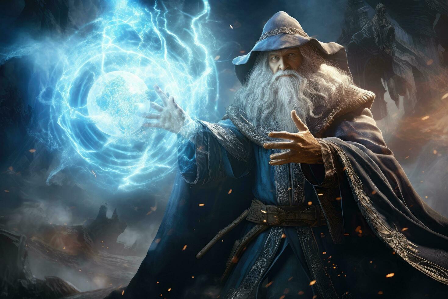 AI generated Fantasy image of a wizard with a magic wand. Halloween, An old wizard casting a spell, with magical energy swirling around him, AI Generated photo