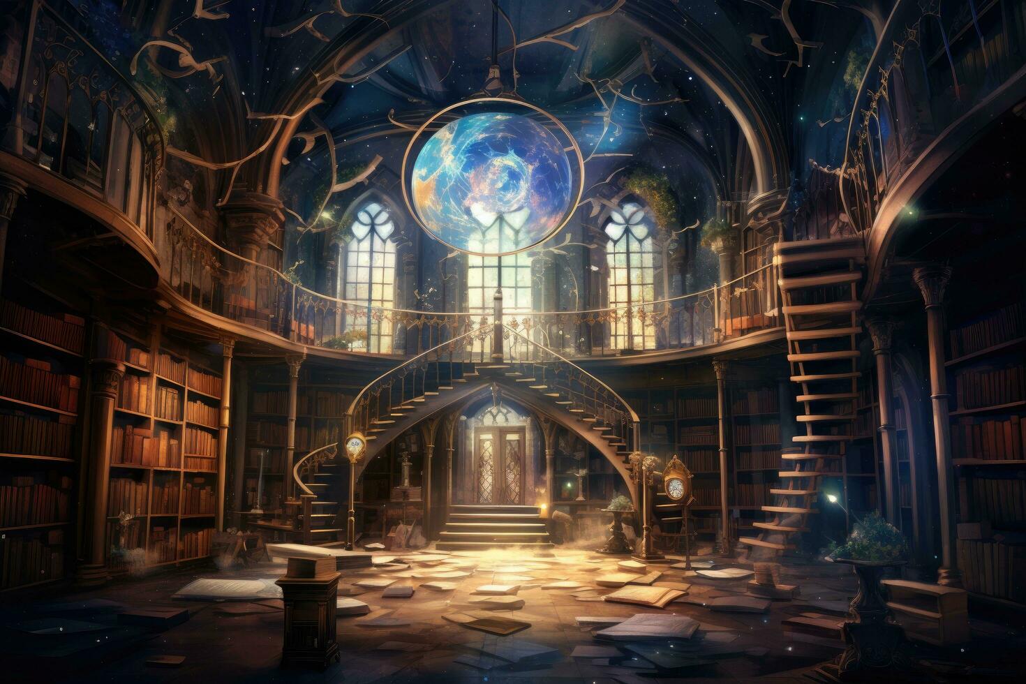 AI generated Interior of the library. 3d render, toned image, A massive library filled with rows of ancient books and scrolls, AI Generated photo