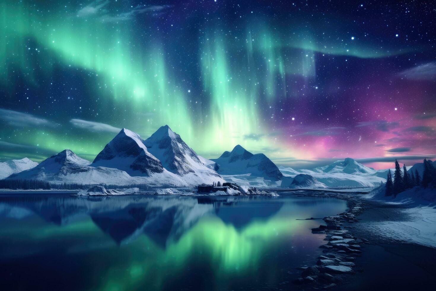 AI generated Aurora borealis in the night sky over mountains and lake, An icy and frosty texture of a snowflake, AI Generated photo