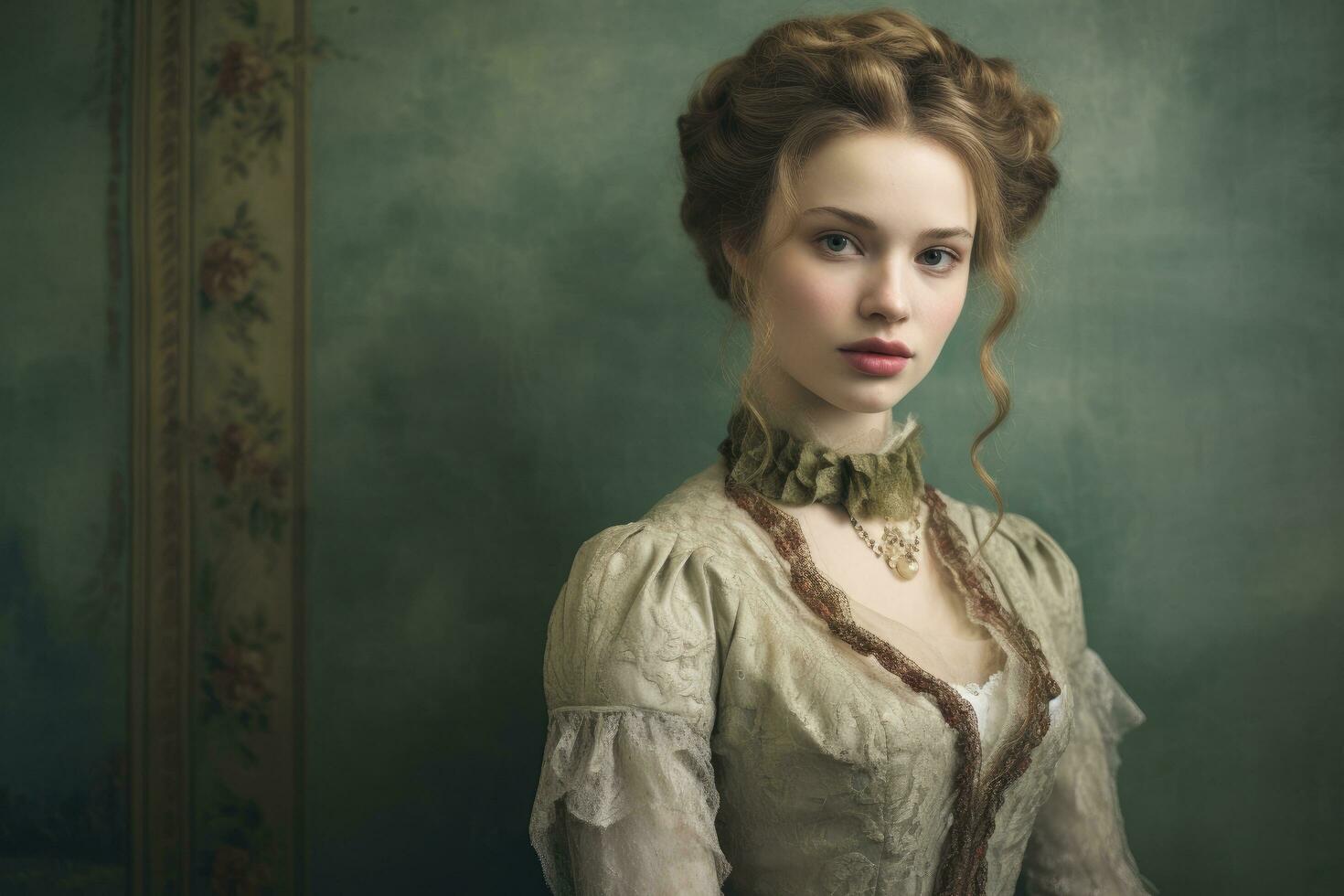 AI generated Portrait of a beautiful young woman in victorian style. Retro style, An intimate portrait of a woman in a Victorian dress, AI Generated photo