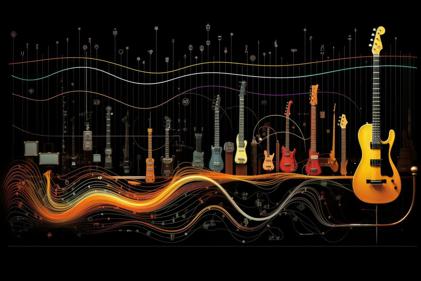 AI generated Musical background with electric guitars and music notes. Vector illustration, An imaginative visual representation of sound waves from different musical instruments, AI Generated photo