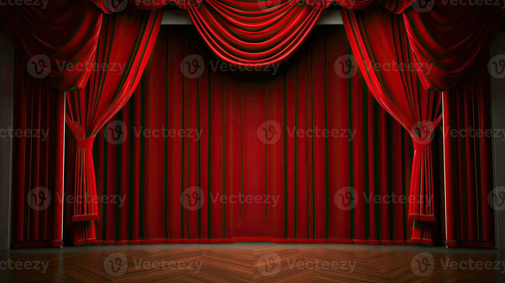 AI generated Theater stage. Background with copy space. Cultural leisure and event. Red curtains and interior. photo