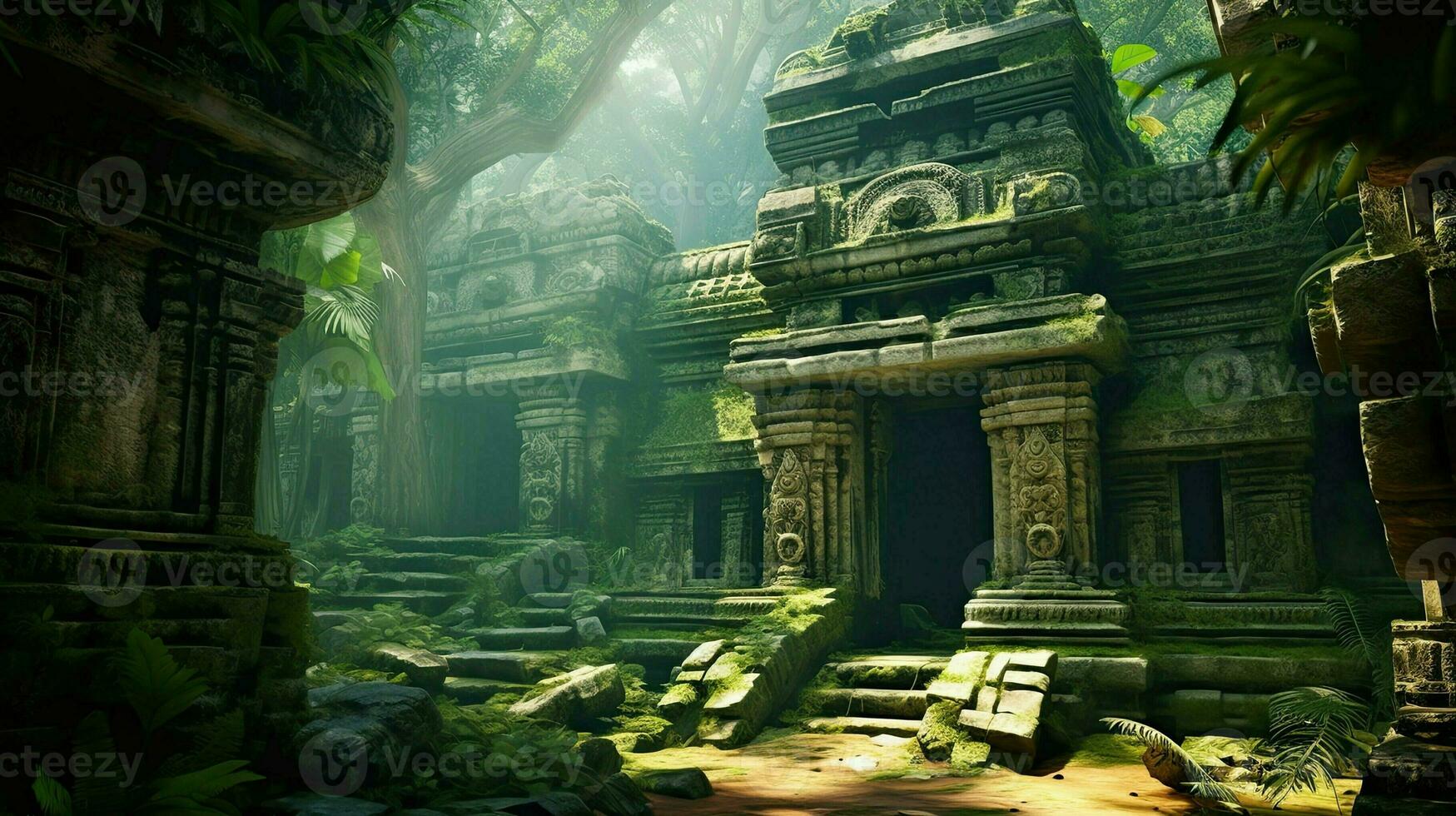 AI generated Ruins of ancient city in jungle. Old ruined buildings in forest. Archaeology and history. photo