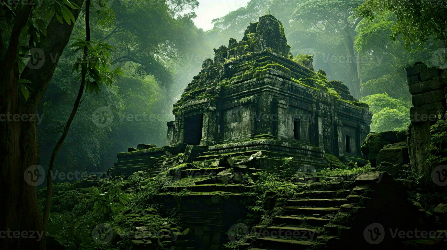 AI generated Ruins of ancient city in jungle. Old ruined buildings in forest. Archaeology and history. photo