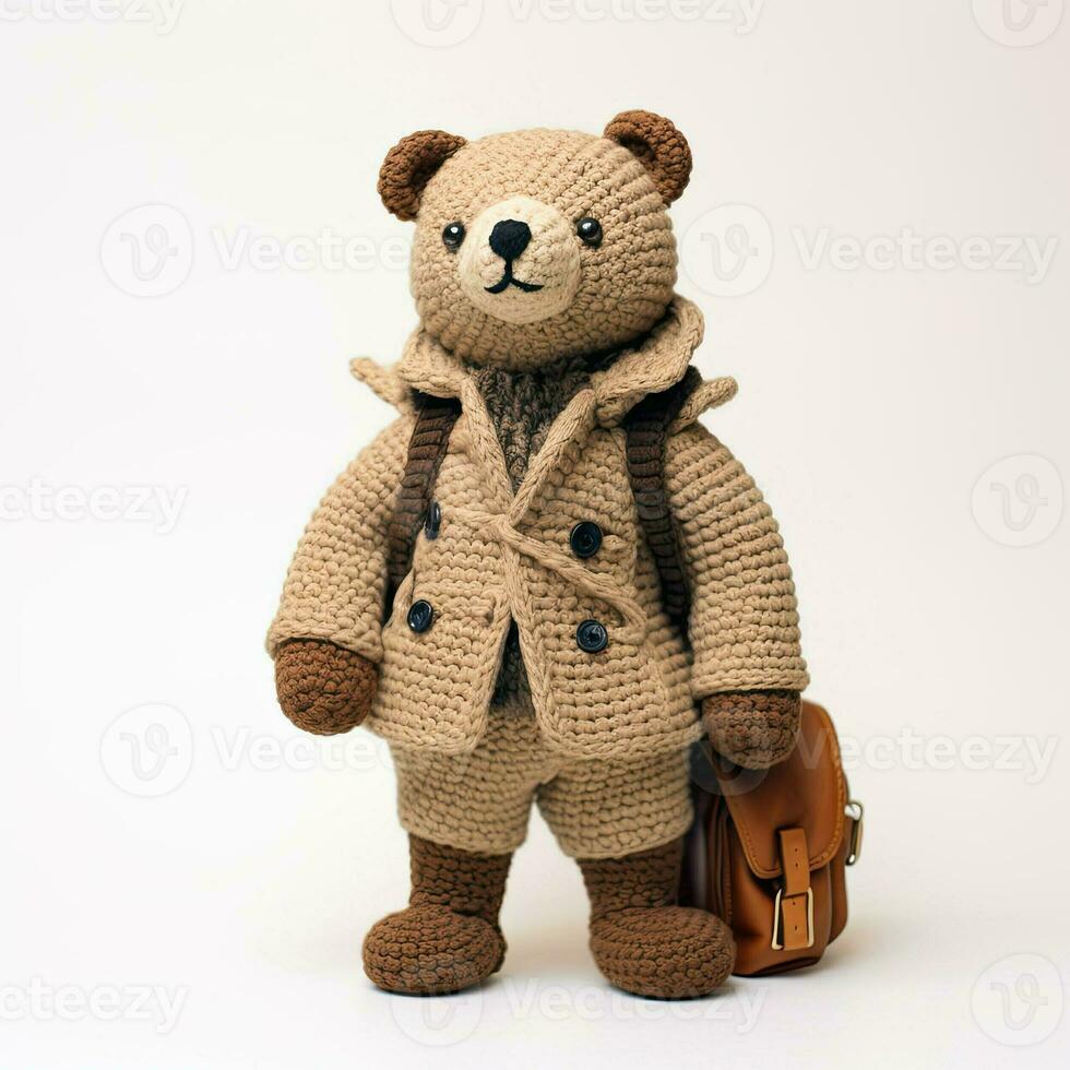 AI generated Cute knitted teddy bear. Vintage Toy animal in coat made of large rough threads. photo